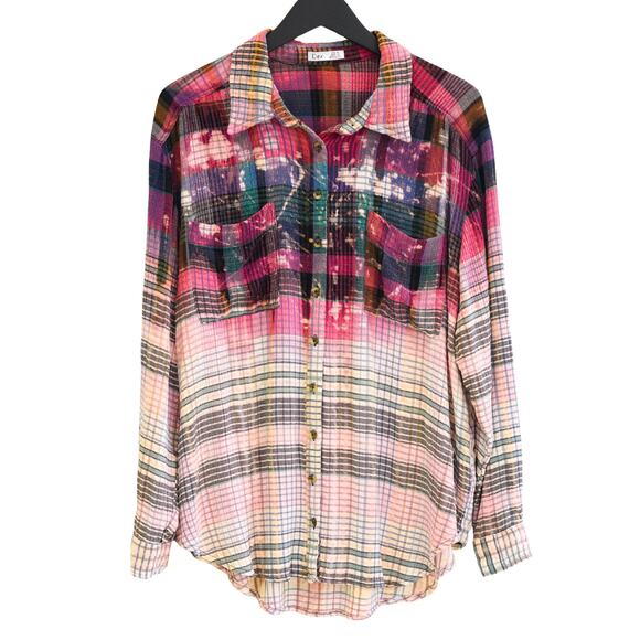 Dex Tops - Distressed Boho Plaid Button Down Shirt Boho Flannel - Ombre Dip Dye